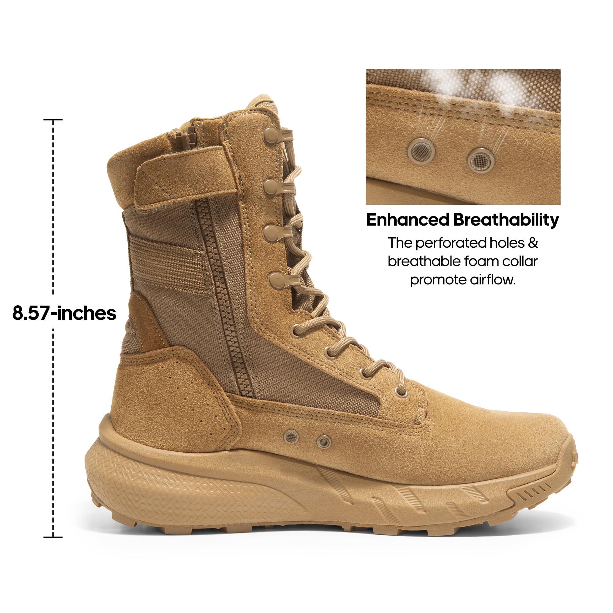 NORTIV 8 Men's Breathable Tactical Military Work Boots Side Zipper Leather Lightweight Hiking Motorcycle Combat Boots 8 Inches Peakforce - Image 5